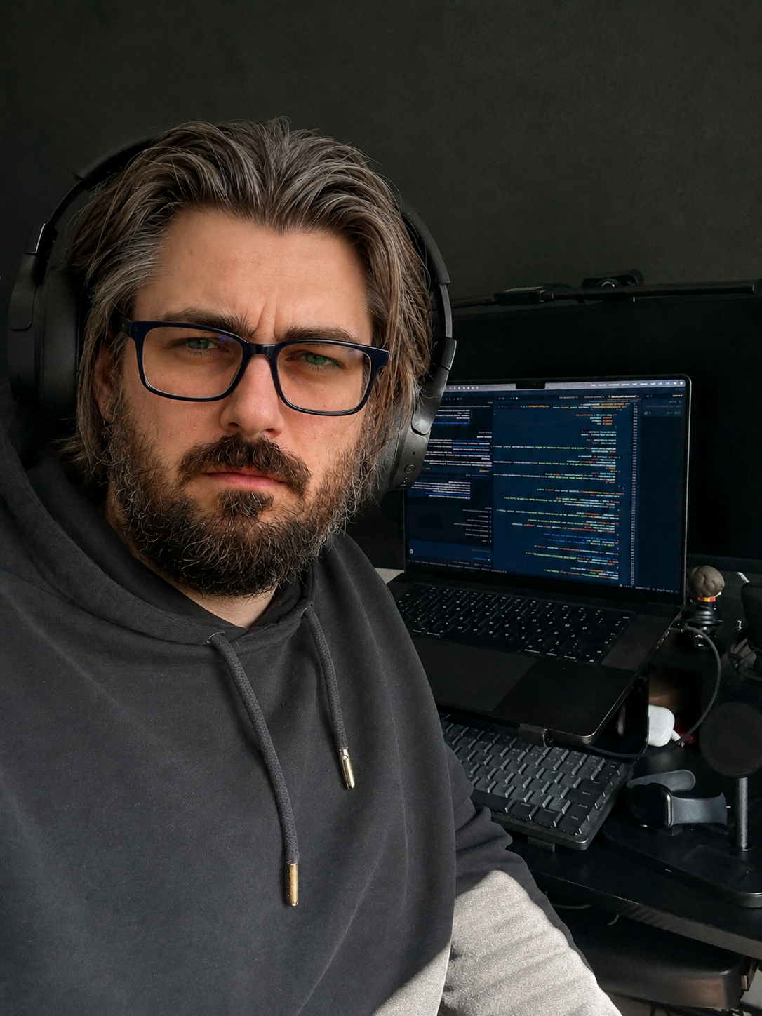 Pawel Karniej at his desk with headphones, code, and microphone.